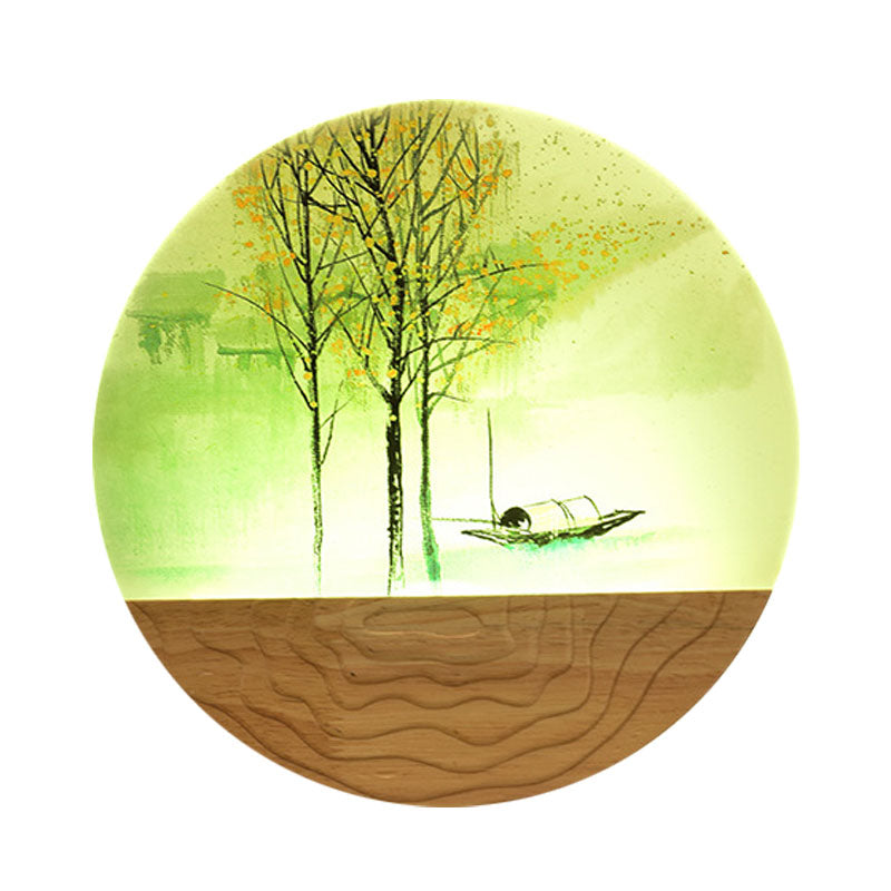 9.5"/11" Wide Metal Round Wall Mural Light Asia Style LED Wood Wall Mounted Lighting with Boat and Tree Pattern Clearhalo 'Wall Lamps & Sconces' 'Wall Lights' Lighting' 1195054