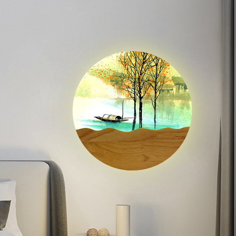 9.5"/11" Wide Metal Round Wall Mural Light Asia Style LED Wood Wall Mounted Lighting with Boat and Tree Pattern Wood 11" Clearhalo 'Wall Lamps & Sconces' 'Wall Lights' Lighting' 1195056