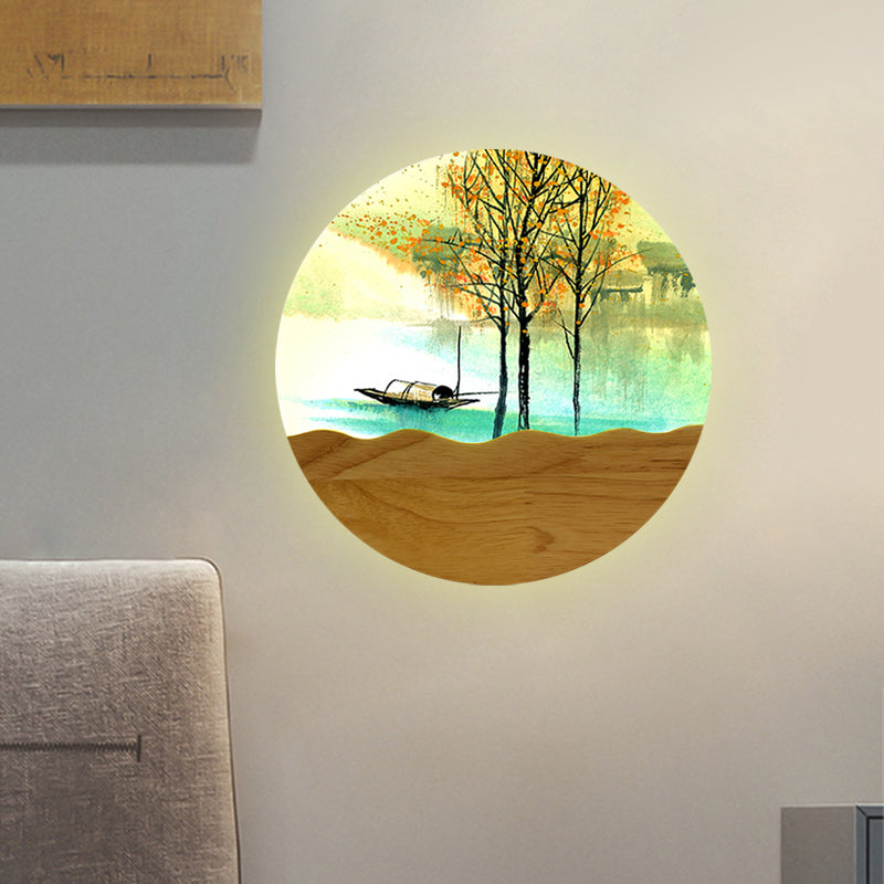 9.5"/11" Wide Metal Round Wall Mural Light Asia Style LED Wood Wall Mounted Lighting with Boat and Tree Pattern Clearhalo 'Wall Lamps & Sconces' 'Wall Lights' Lighting' 1195057