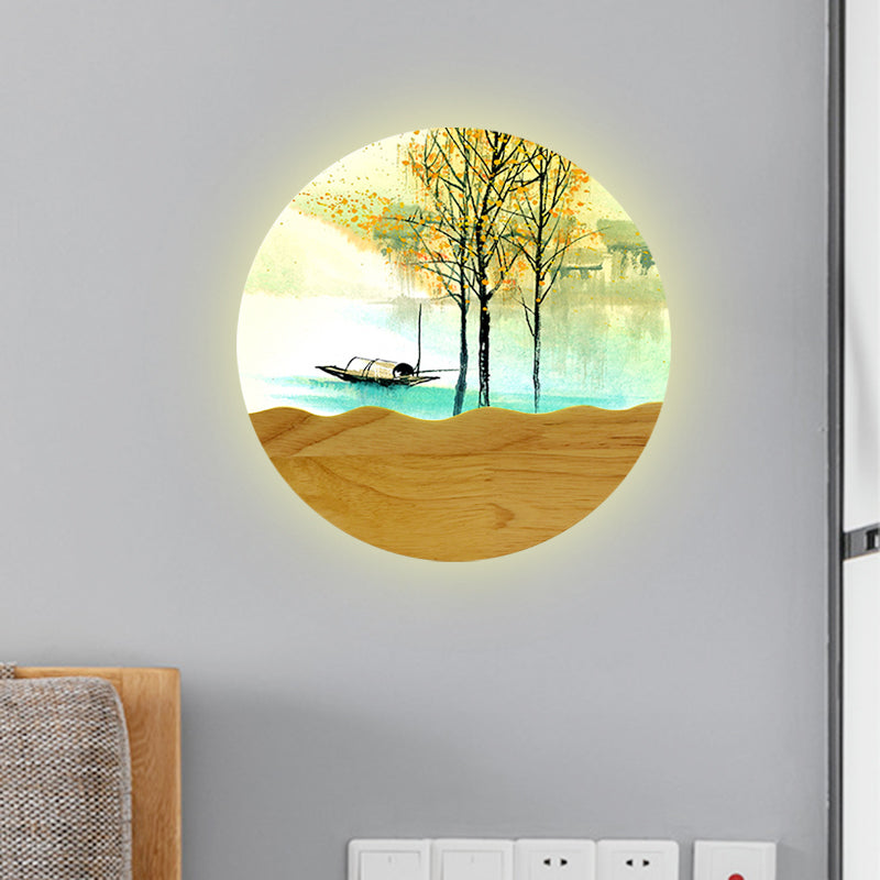 9.5"/11" Wide Metal Round Wall Mural Light Asia Style LED Wood Wall Mounted Lighting with Boat and Tree Pattern Clearhalo 'Wall Lamps & Sconces' 'Wall Lights' Lighting' 1195058