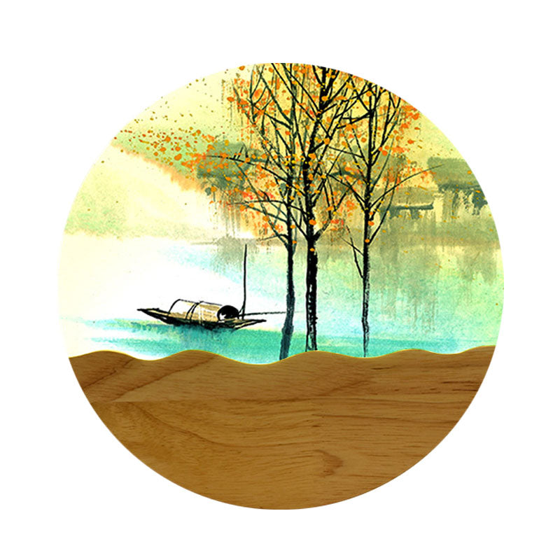 9.5"/11" Wide Metal Round Wall Mural Light Asia Style LED Wood Wall Mounted Lighting with Boat and Tree Pattern Clearhalo 'Wall Lamps & Sconces' 'Wall Lights' Lighting' 1195059