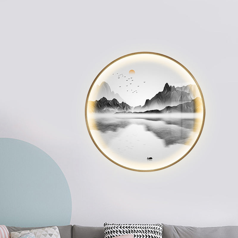 Asia Style Round Metal Wall Mounted Lamp LED Wall Mural Light in Gold with River and Mountain Pattern Clearhalo 'Wall Lamps & Sconces' 'Wall Lights' Lighting' 1195075