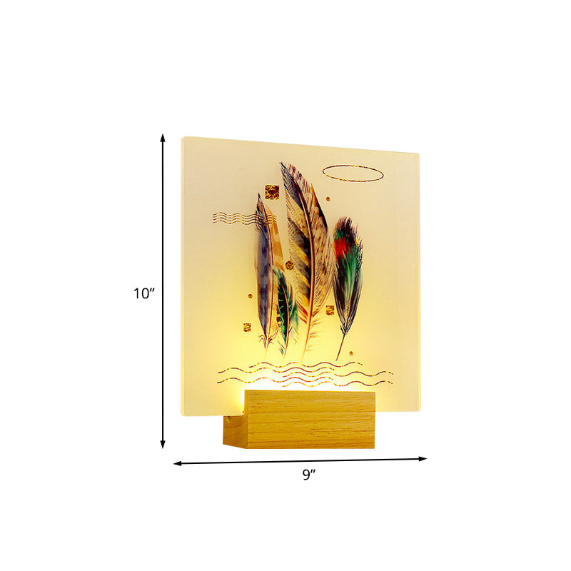 Wood Square Shaped Feather Wall Lamp Asia Style LED Acrylic Wall Mural Light for Living Room Clearhalo 'Wall Lamps & Sconces' 'Wall Lights' Lighting' 1195110