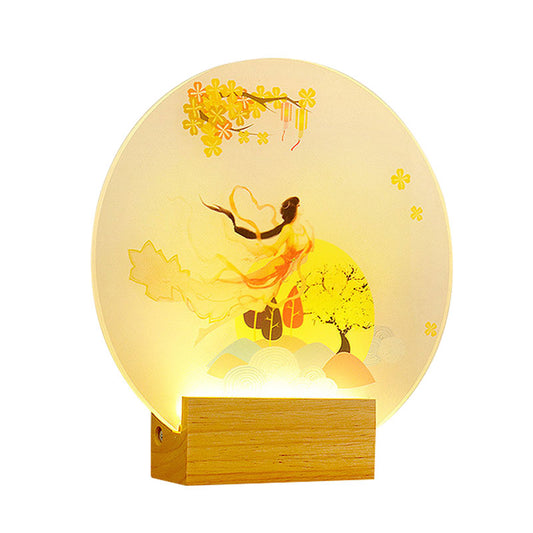 Round Shaped Bedroom Goddess Wall Lighting Acrylic LED Chinese Style Mural Lamp in Wood Clearhalo 'Wall Lamps & Sconces' 'Wall Lights' Lighting' 1195113