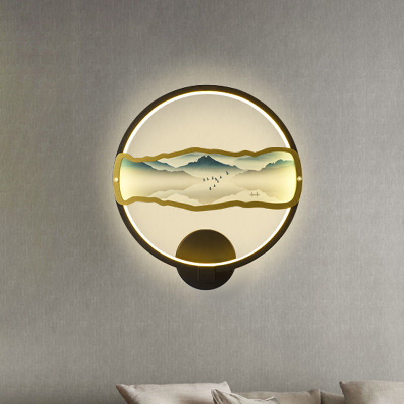 Black Circular Mountain Patterned Mural Light Asia Style LED Metallic Wall Lighting Idea, Warm/White Light Black Clearhalo 'Wall Lamps & Sconces' 'Wall Lights' Lighting' 1195115