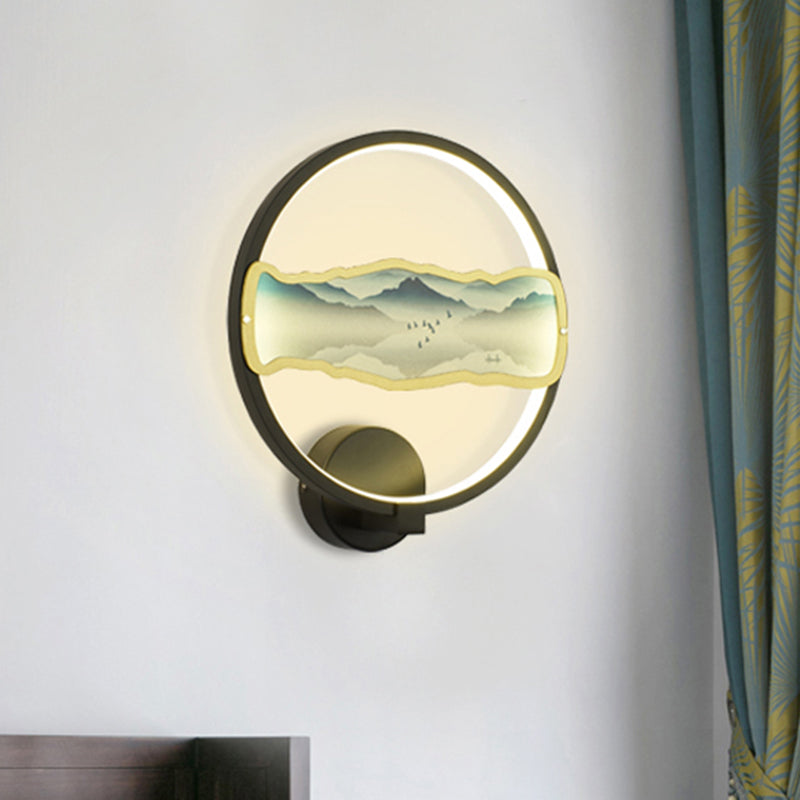 Black Circular Mountain Patterned Mural Light Asia Style LED Metallic Wall Lighting Idea, Warm/White Light Clearhalo 'Wall Lamps & Sconces' 'Wall Lights' Lighting' 1195116