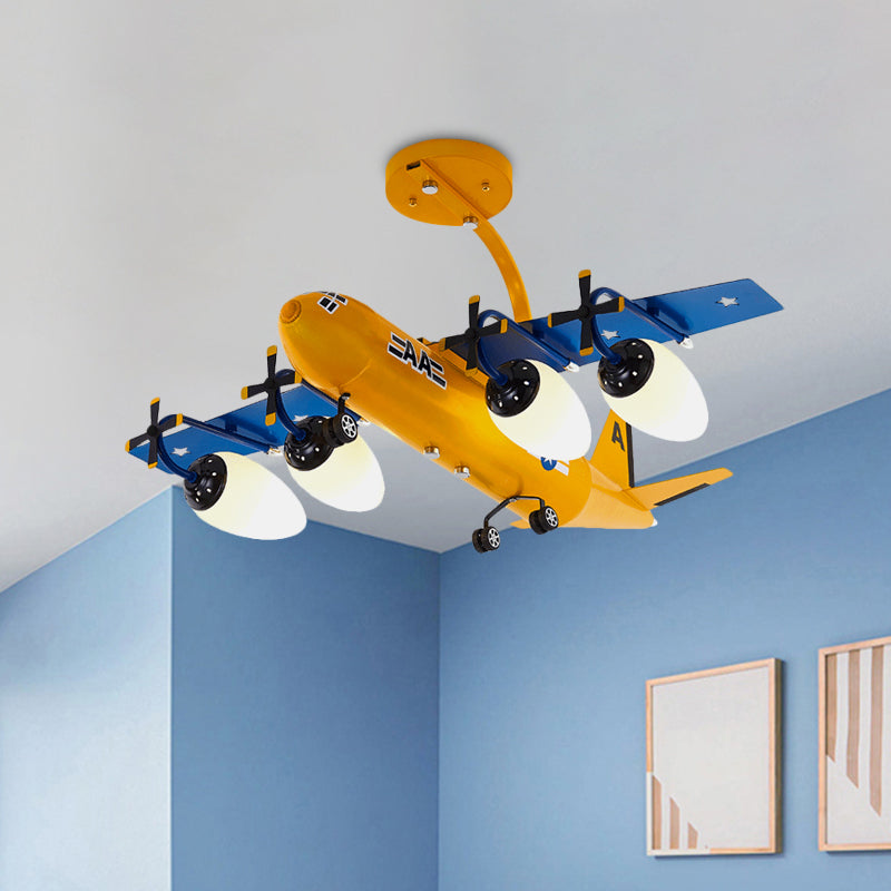 Airplane Kids Room Semi Flush Light Metallic 4 Lights Cartoon Flush Mount with Bullet Opal Glass Shade in Blue/Yellow Clearhalo 'Ceiling Lights' 'Close To Ceiling Lights' 'Close to ceiling' 'Glass shade' 'Glass' 'Semi-flushmount' Lighting' 1195176