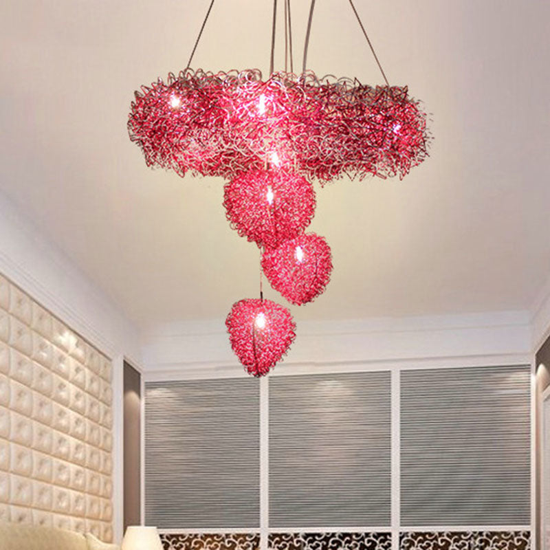 Loving Heart Pendant Chandelier Nordic Style Metal Wire 7 Heads Rose Red Pendulum Lighting Clearhalo 'Ceiling Lights' 'Chandeliers' Lighting' options 1195215