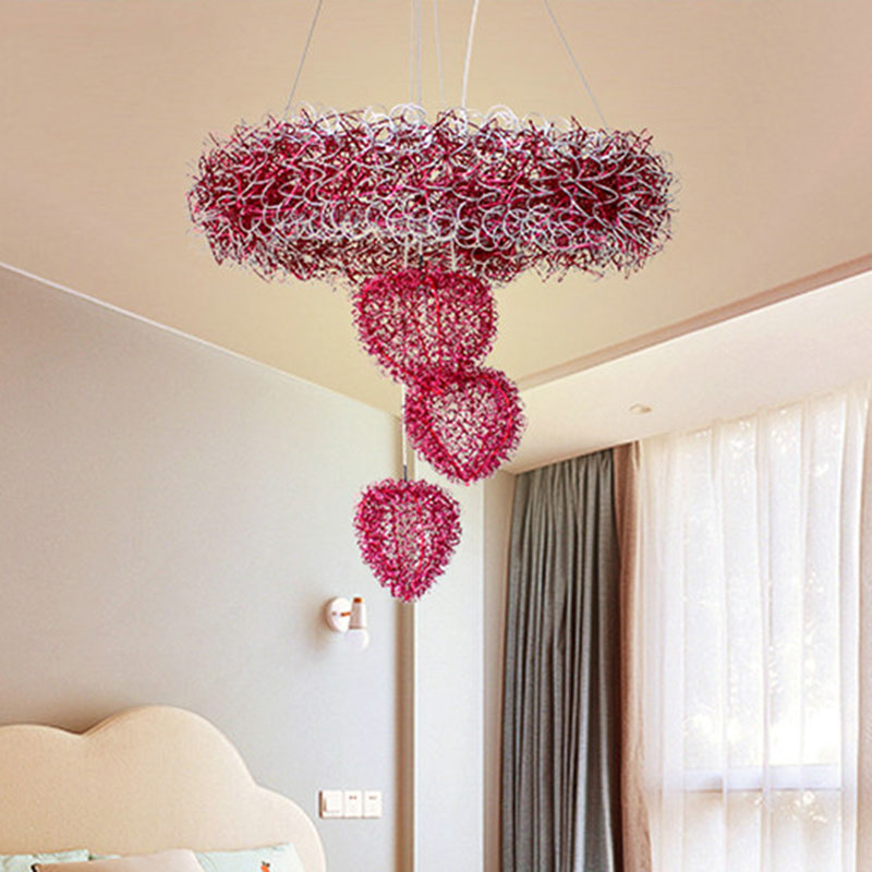 Loving Heart Pendant Chandelier Nordic Style Metal Wire 7 Heads Rose Red Pendulum Lighting Clearhalo 'Ceiling Lights' 'Chandeliers' Lighting' options 1195216