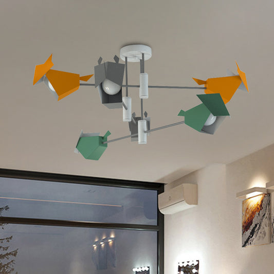 Metal Bird-Like Semi Flush Light Fixture Cartoon 6 Lights Grey-Yellow-Green Ceiling Mounted Lamp Grey-Yellow-Green Clearhalo 'Ceiling Lights' 'Close To Ceiling Lights' 'Close to ceiling' 'Semi-flushmount' Lighting' 1195219