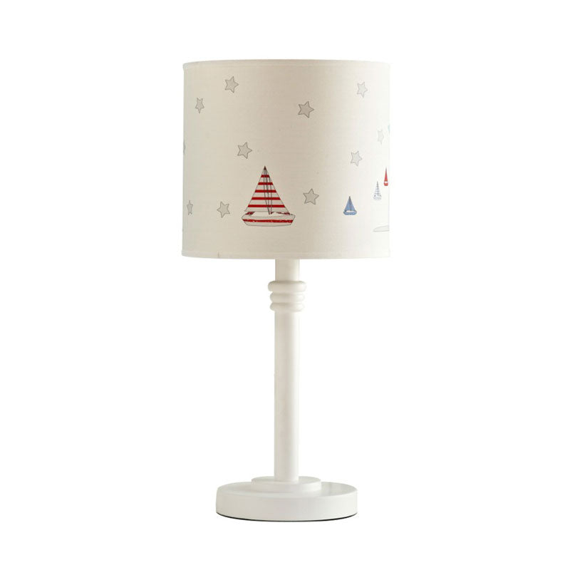 Single Bedroom Nightstand Light Cartoon White Table Lamp with Drum Patterned Fabric Shade Clearhalo 'Lamps' 'Table Lamps' Lighting' 1195241