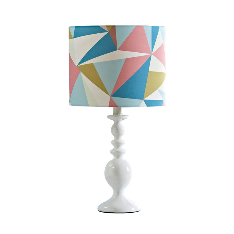 Drum Shade Night Table Light Kids Fabric 1 Head Pink/Blue Nightstand Lamp with Geometric Pattern Clearhalo 'Lamps' 'Table Lamps' Lighting' 1195254