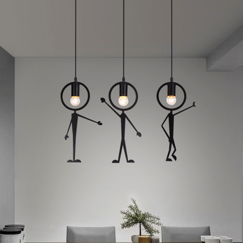 Human-Like Iron Multi Light Pendant with Bare Bulb Design Creative 3-Head Black Suspension Lamp Black Clearhalo 'Ceiling Lights' 'Pendant Lights' 'Pendants' Lighting' 1195275_762602cf-4afd-4425-9357-49472782c3f6