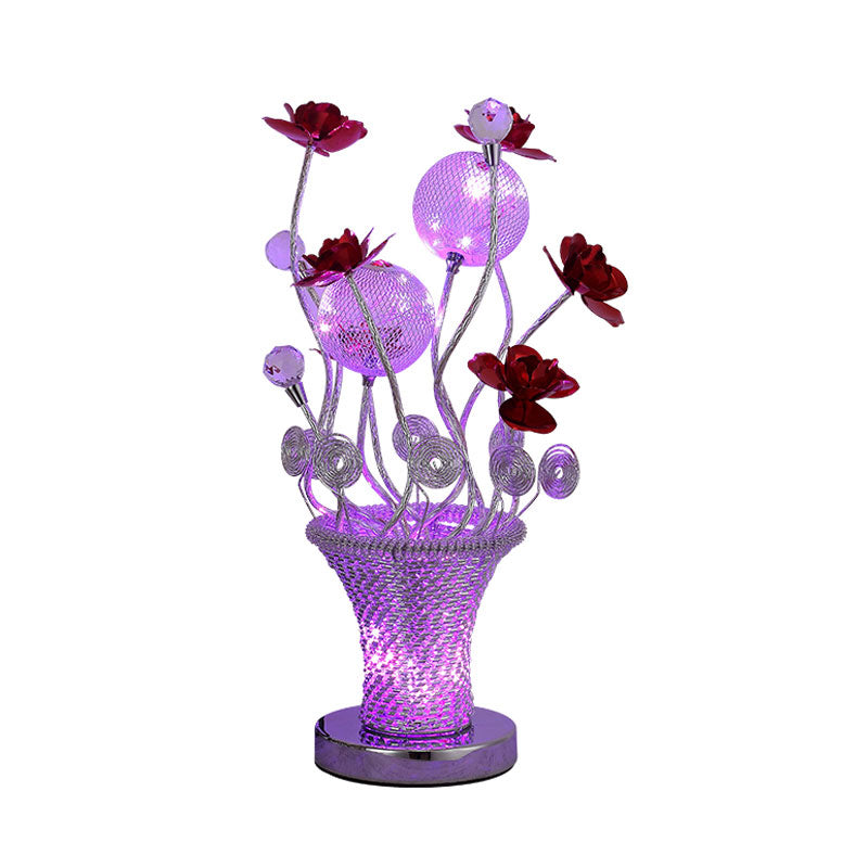 LED Potted-Flower Nightstand Light Country Red and Chrome Finish Aluminum Wire Table Lamp Clearhalo 'Lamps' 'Table Lamps' Lighting' 1195305