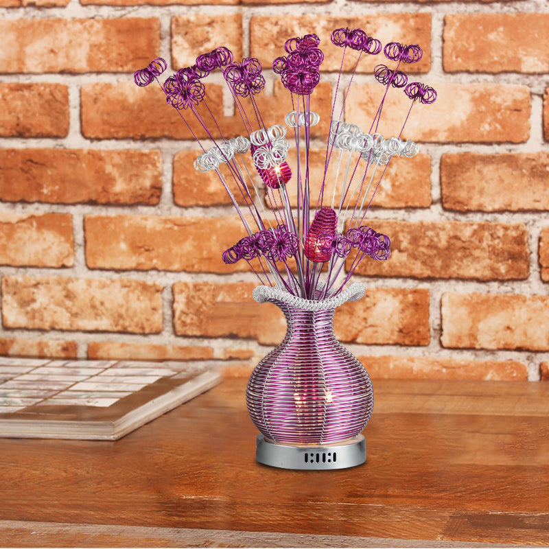 Art Deco Plant and Vase Nightstand Light Aluminum Wire LED Night Table Lamp in Purple Clearhalo 'Lamps' 'Table Lamps' Lighting' 1195316