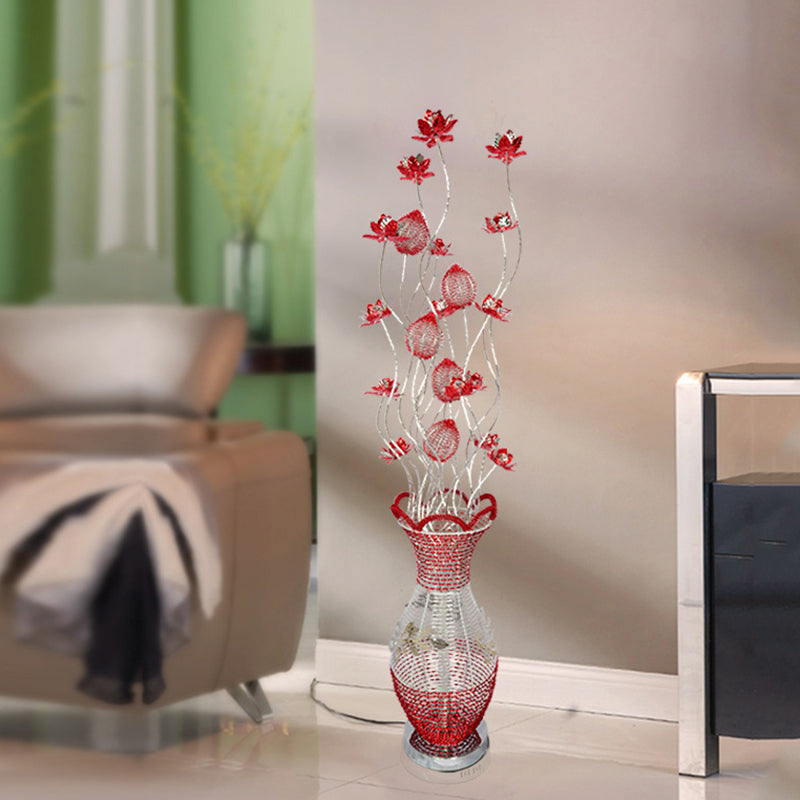 LED Vase Shape Floor Lamp Decorative Red Metallic Standing Light with Flower Design Red Clearhalo 'Floor Lamps' 'Lamps' Lighting' 1195319