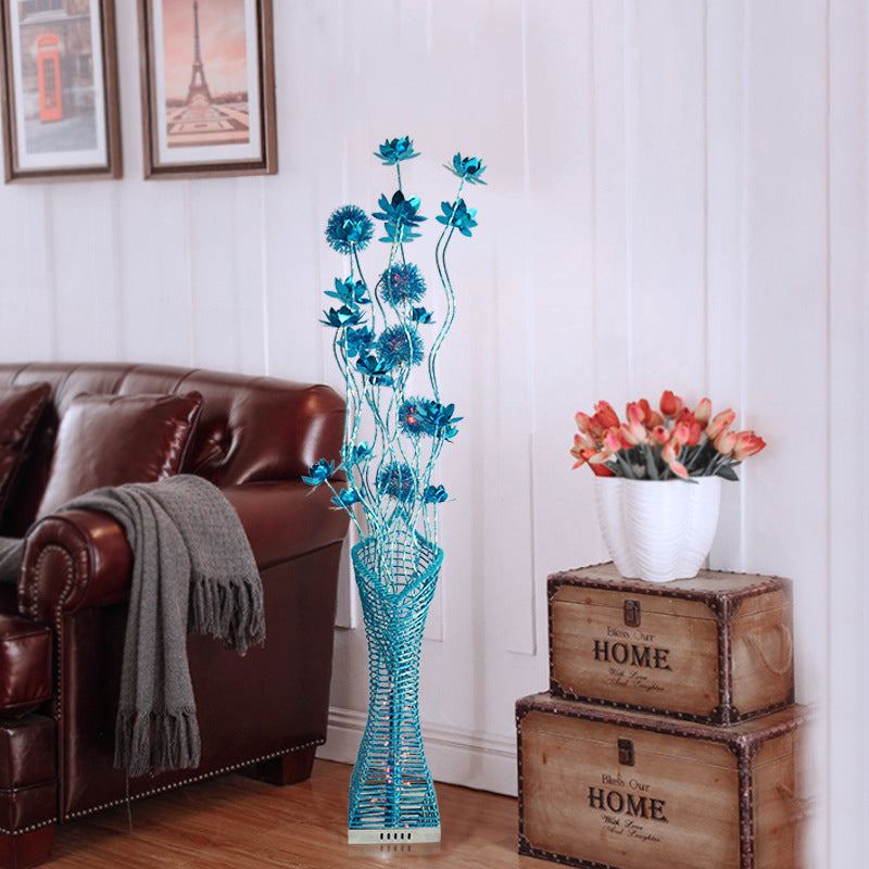 Decorative Tower-Like Floor Lighting LED Metallic Stand Up Lamp with Small Floral Decor in Blue Blue Clearhalo 'Floor Lamps' 'Lamps' Lighting' 1195335