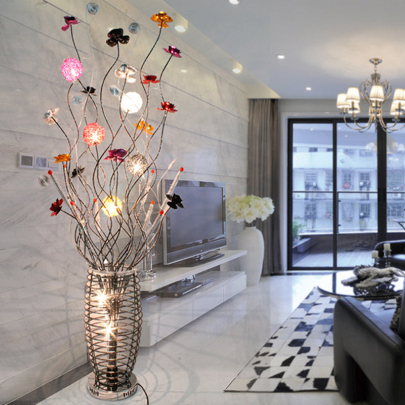 Silver LED Stand Up Lamp Art Decor Metal Hollowed Oval Floor Lighting with Swooping Linear and Colorful Bloom Silver Clearhalo 'Floor Lamps' 'Lamps' Lighting' 1195347