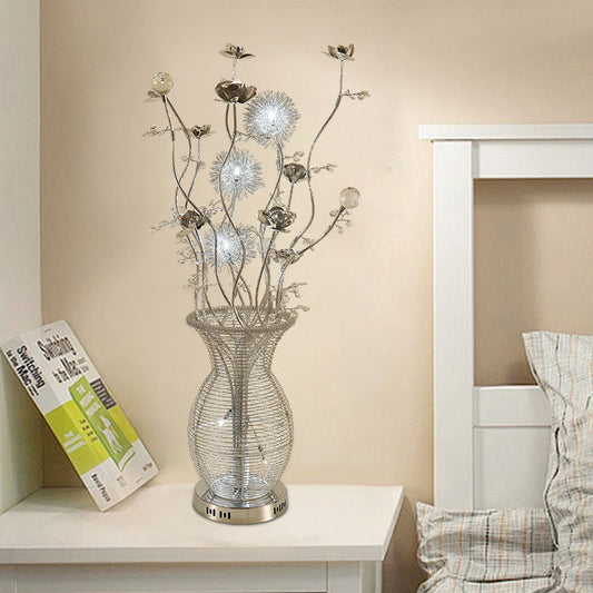 Urn-Like Metallic Table Lamp Decorative Bedroom Swing Arm LED Nightstand Light with Flower Design in Silver Silver Clearhalo 'Lamps' 'Table Lamps' Lighting' 1195451