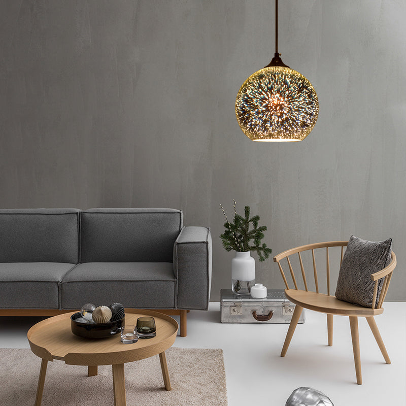 Globe 3-D Glass Pendant Lamp Contemporary 1 Light Chrome/Gold Hanging Light Fixture, 6"/8"/10" Wide Chrome Clearhalo 'Ceiling Lights' 'Glass shade' 'Glass' 'Modern Pendants' 'Modern' 'Pendant Lights' 'Pendants' Lighting' 119632