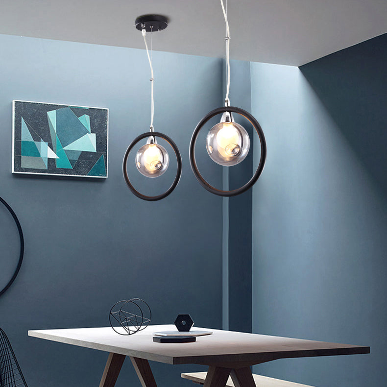 Dimpled Blown Glass Round Pendant Lighting Modern 1/2/3 Lights Led Hanging Ceiling Lamp in Black with Iron Ring 1 Black Clearhalo 'Ceiling Lights' 'Glass shade' 'Glass' 'Modern Pendants' 'Modern' 'Pendant Lights' 'Pendants' Lighting' 119671