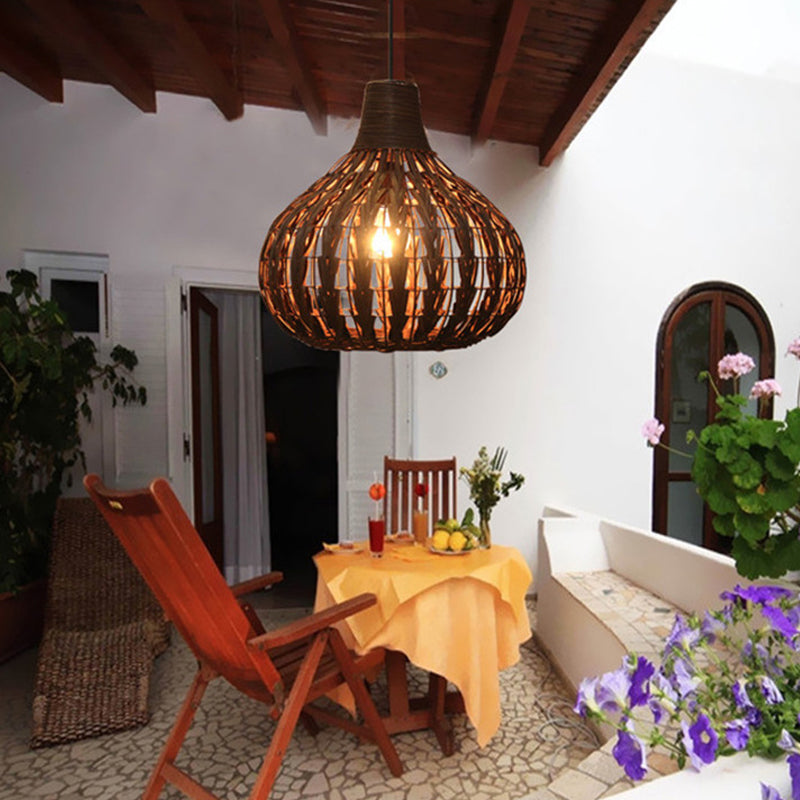 Hand-Woven Rattan Gourd Hanging Pendant Lamp Rustic 1 Light Hanging Fixture for Restaurant Brown 14" Clearhalo 'Ceiling Lights' 'Pendant Lights' 'Pendants' Lighting' 119726_b70a0a2f-a0be-49c1-8b5f-f5d251e288e5