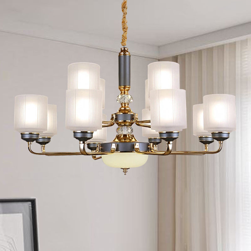 Null 6/8/12 Bulbs Chandelier Light Fixture Rural Cream Glass Cylindrical Pendulum Light for Bedroom Clearhalo 'Ceiling Lights' 'Chandeliers' Lighting' options 1197492