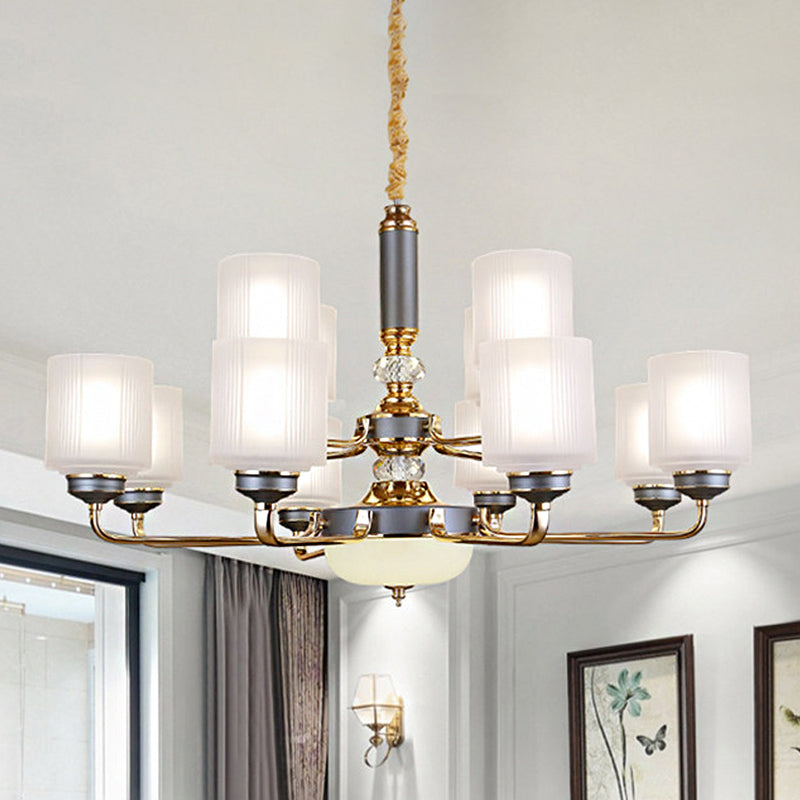 Null 6/8/12 Bulbs Chandelier Light Fixture Rural Cream Glass Cylindrical Pendulum Light for Bedroom Clearhalo 'Ceiling Lights' 'Chandeliers' Lighting' options 1197493