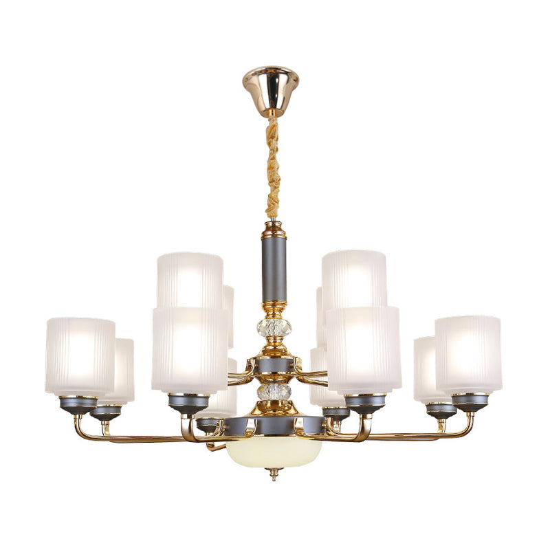 Null 6/8/12 Bulbs Chandelier Light Fixture Rural Cream Glass Cylindrical Pendulum Light for Bedroom Clearhalo 'Ceiling Lights' 'Chandeliers' Lighting' options 1197494