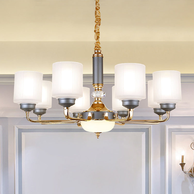 Null 6/8/12 Bulbs Chandelier Light Fixture Rural Cream Glass Cylindrical Pendulum Light for Bedroom Clearhalo 'Ceiling Lights' 'Chandeliers' Lighting' options 1197498