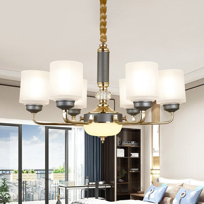 Null 6/8/12 Bulbs Chandelier Light Fixture Rural Cream Glass Cylindrical Pendulum Light for Bedroom Clearhalo 'Ceiling Lights' 'Chandeliers' Lighting' options 1197501