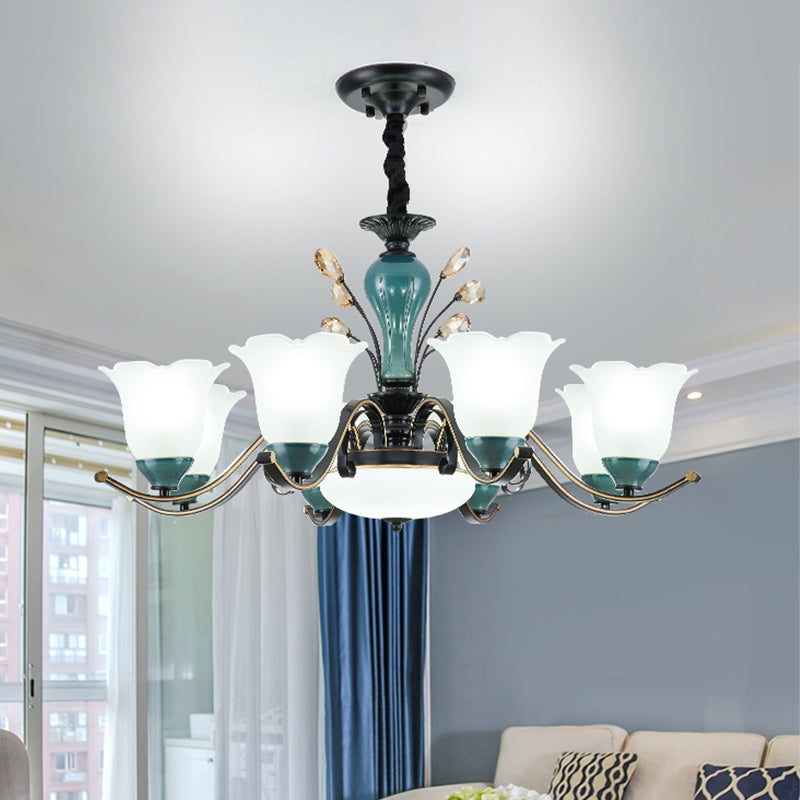 Flower Shade Suspension Lamp Countryside 3/6/8-Head Milky Glass Pendant Chandelier in Green Clearhalo 'Ceiling Lights' 'Chandeliers' Lighting' options 1197506