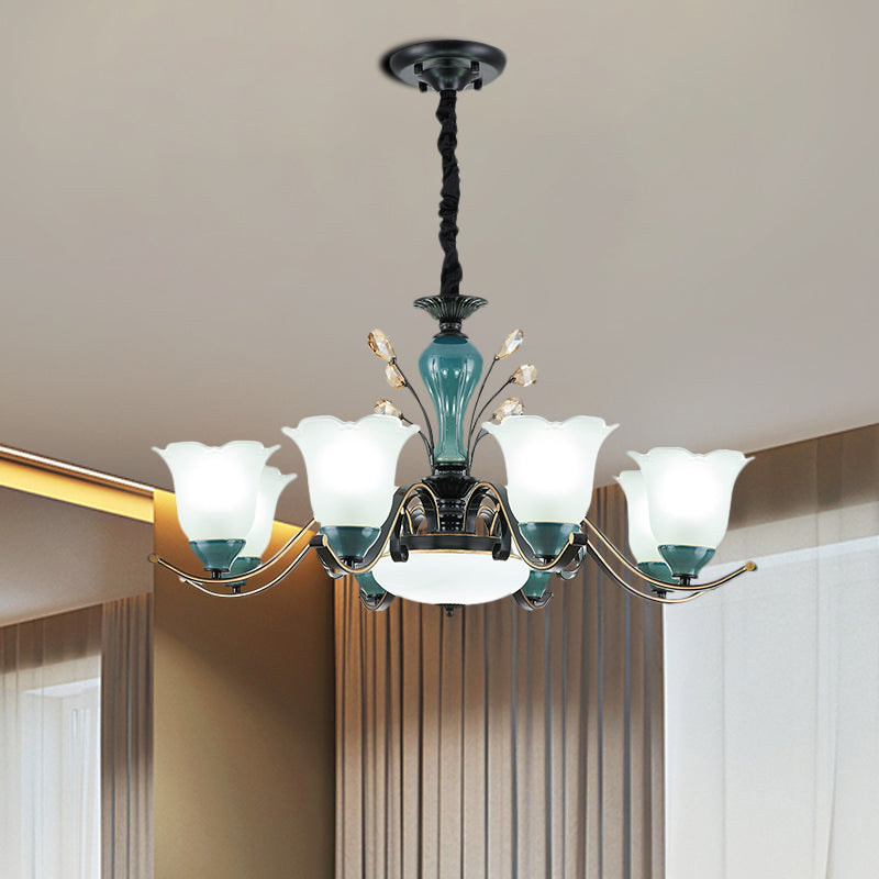 Flower Shade Suspension Lamp Countryside 3/6/8-Head Milky Glass Pendant Chandelier in Green Clearhalo 'Ceiling Lights' 'Chandeliers' Lighting' options 1197507