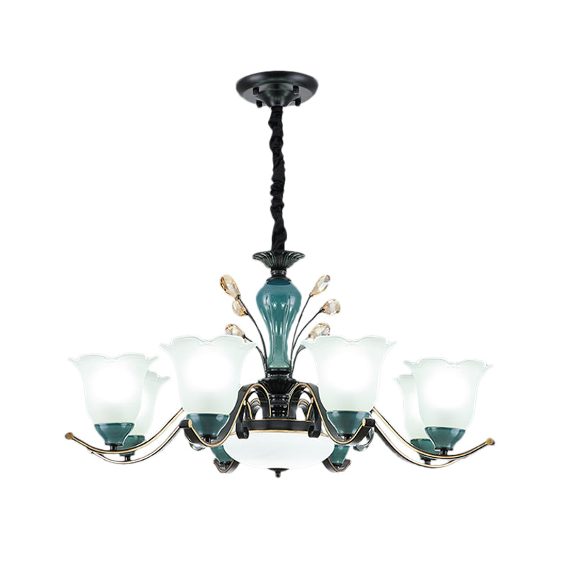 Flower Shade Suspension Lamp Countryside 3/6/8-Head Milky Glass Pendant Chandelier in Green Clearhalo 'Ceiling Lights' 'Chandeliers' Lighting' options 1197508