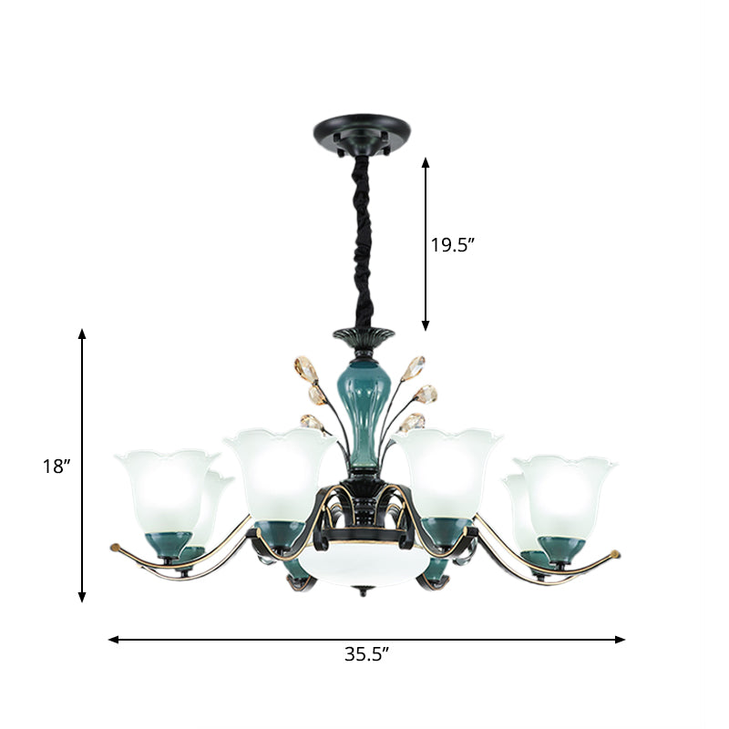 Flower Shade Suspension Lamp Countryside 3/6/8-Head Milky Glass Pendant Chandelier in Green Clearhalo 'Ceiling Lights' 'Chandeliers' Lighting' options 1197509