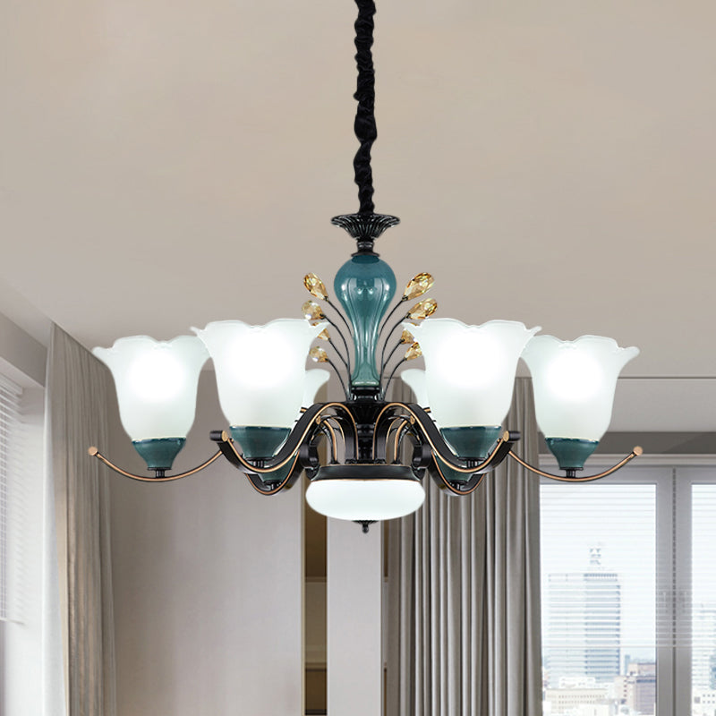 Flower Shade Suspension Lamp Countryside 3/6/8-Head Milky Glass Pendant Chandelier in Green Clearhalo 'Ceiling Lights' 'Chandeliers' Lighting' options 1197511