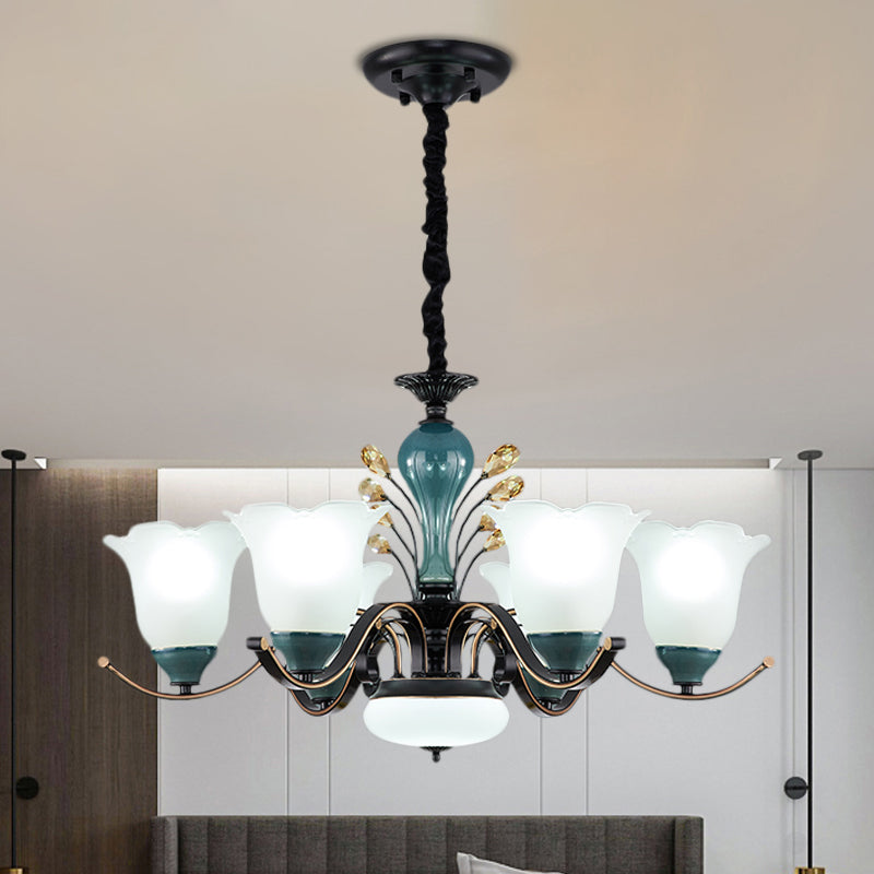 Flower Shade Suspension Lamp Countryside 3/6/8-Head Milky Glass Pendant Chandelier in Green Clearhalo 'Ceiling Lights' 'Chandeliers' Lighting' options 1197512