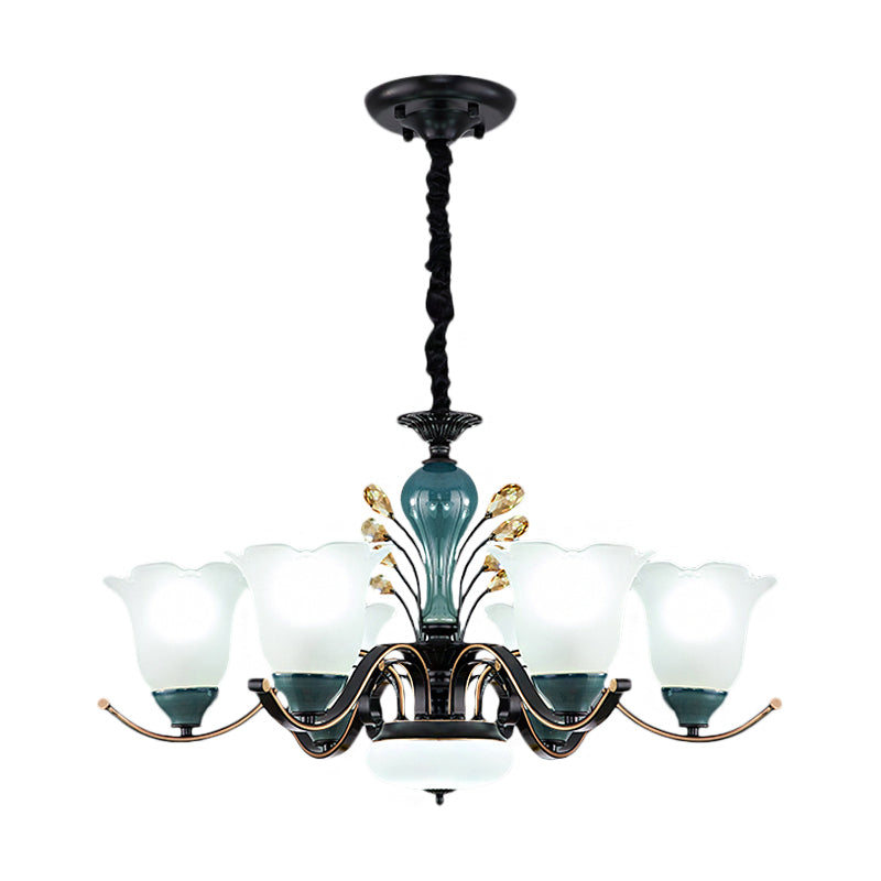 Flower Shade Suspension Lamp Countryside 3/6/8-Head Milky Glass Pendant Chandelier in Green Clearhalo 'Ceiling Lights' 'Chandeliers' Lighting' options 1197513