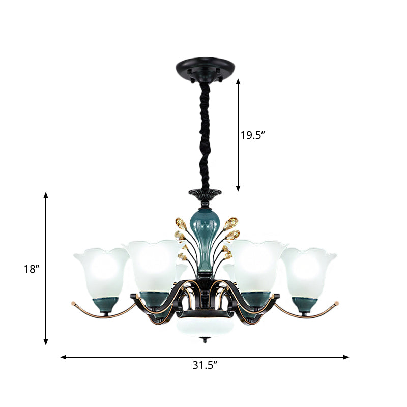 Flower Shade Suspension Lamp Countryside 3/6/8-Head Milky Glass Pendant Chandelier in Green Clearhalo 'Ceiling Lights' 'Chandeliers' Lighting' options 1197514