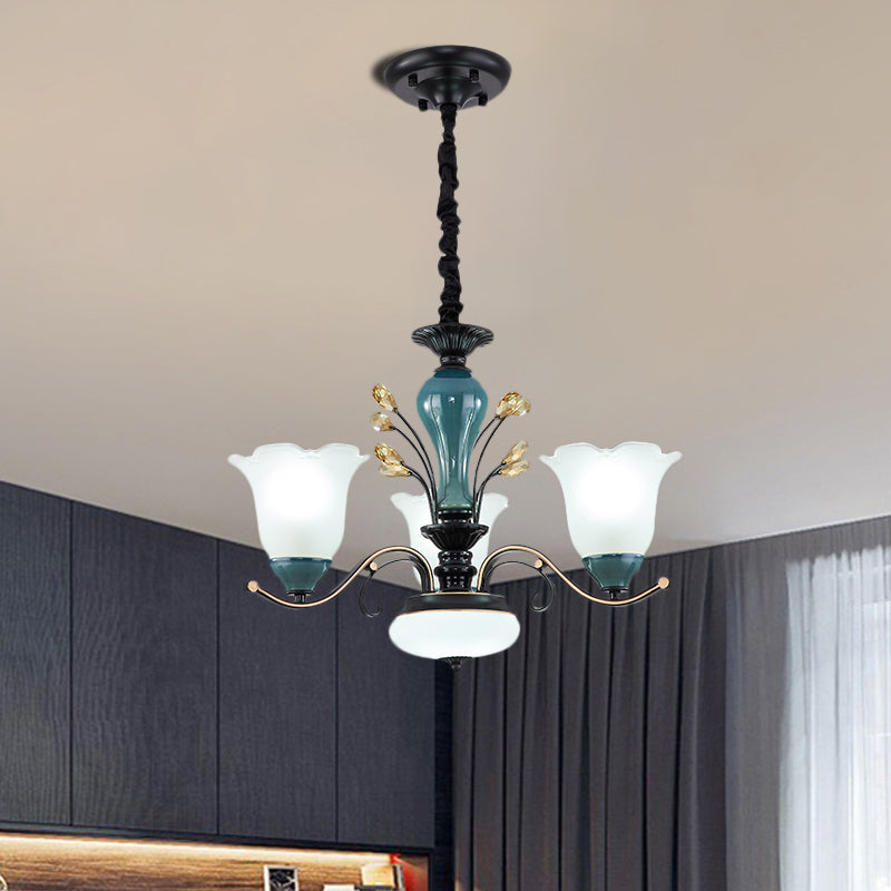 Flower Shade Suspension Lamp Countryside 3/6/8-Head Milky Glass Pendant Chandelier in Green Clearhalo 'Ceiling Lights' 'Chandeliers' Lighting' options 1197515