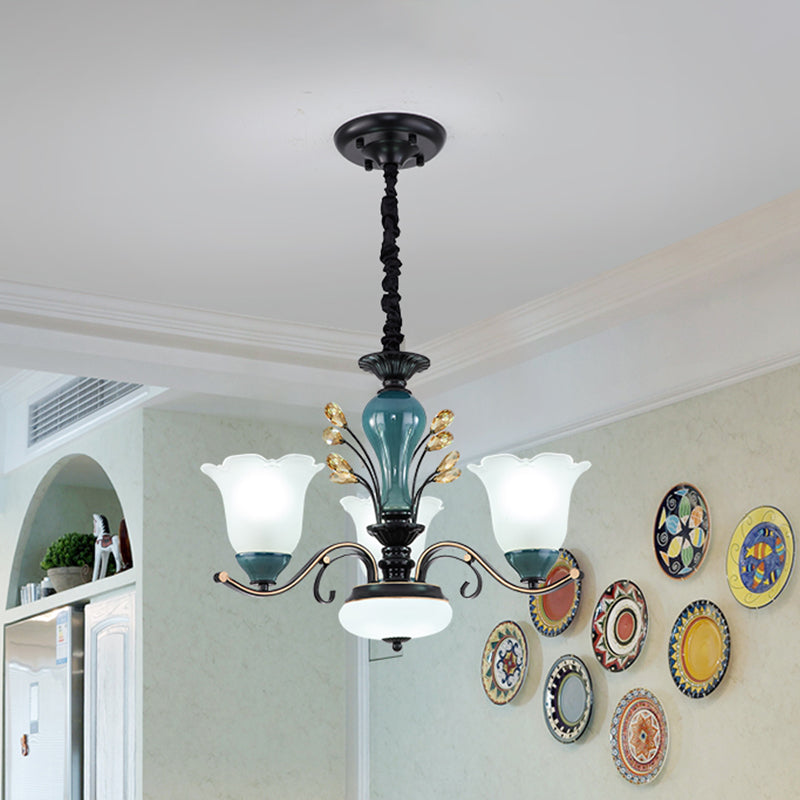 Flower Shade Suspension Lamp Countryside 3/6/8-Head Milky Glass Pendant Chandelier in Green Clearhalo 'Ceiling Lights' 'Chandeliers' Lighting' options 1197516