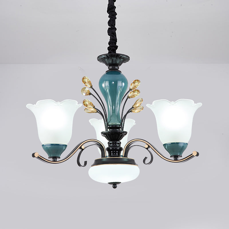 Flower Shade Suspension Lamp Countryside 3/6/8-Head Milky Glass Pendant Chandelier in Green Clearhalo 'Ceiling Lights' 'Chandeliers' Lighting' options 1197517