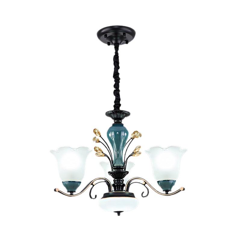 Flower Shade Suspension Lamp Countryside 3/6/8-Head Milky Glass Pendant Chandelier in Green Clearhalo 'Ceiling Lights' 'Chandeliers' Lighting' options 1197518