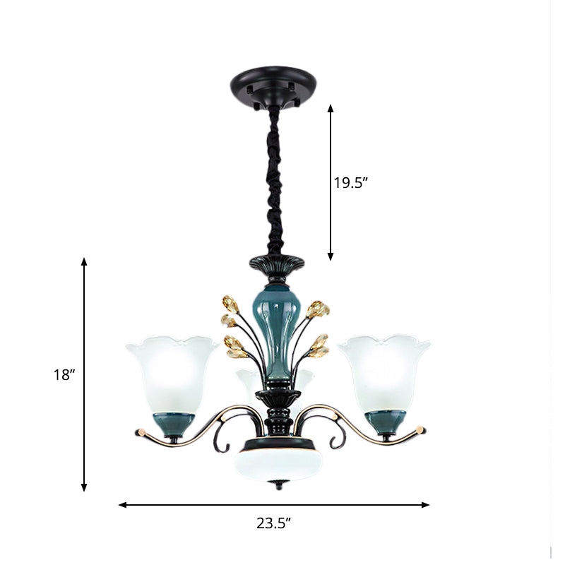 Flower Shade Suspension Lamp Countryside 3/6/8-Head Milky Glass Pendant Chandelier in Green Clearhalo 'Ceiling Lights' 'Chandeliers' Lighting' options 1197519