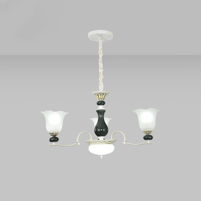 Frosted Glass Black Chandelier Lighting Blossom 3/6 Bulbs Rustic Ceiling Pendant Light Clearhalo 'Ceiling Lights' 'Chandeliers' Lighting' options 1197521