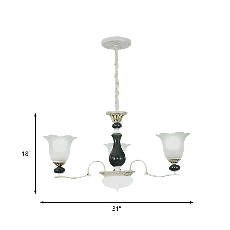 Frosted Glass Black Chandelier Lighting Blossom 3/6 Bulbs Rustic Ceiling Pendant Light Clearhalo 'Ceiling Lights' 'Chandeliers' Lighting' options 1197523