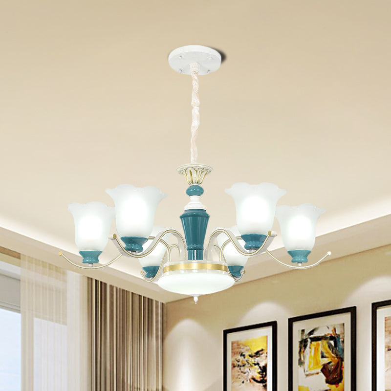 Green Flower Shade Ceiling Hang Fixture Countryside Style Cream Glass 3/6-Light Bedroom Pendant Chandelier 6 Green Clearhalo 'Ceiling Lights' 'Chandeliers' Lighting' options 1197529_399cd362-758a-4a99-9567-d5d070621b04