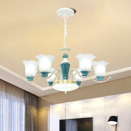 Green Flower Shade Ceiling Hang Fixture Countryside Style Cream Glass 3/6-Light Bedroom Pendant Chandelier Clearhalo 'Ceiling Lights' 'Chandeliers' Lighting' options 1197530