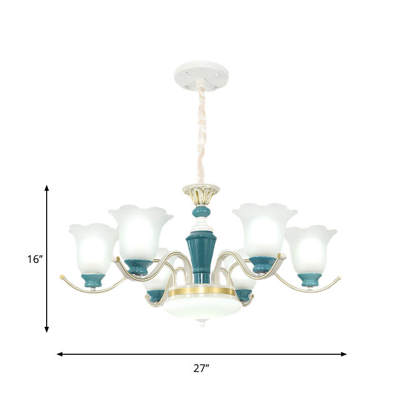 Green Flower Shade Ceiling Hang Fixture Countryside Style Cream Glass 3/6-Light Bedroom Pendant Chandelier Clearhalo 'Ceiling Lights' 'Chandeliers' Lighting' options 1197532