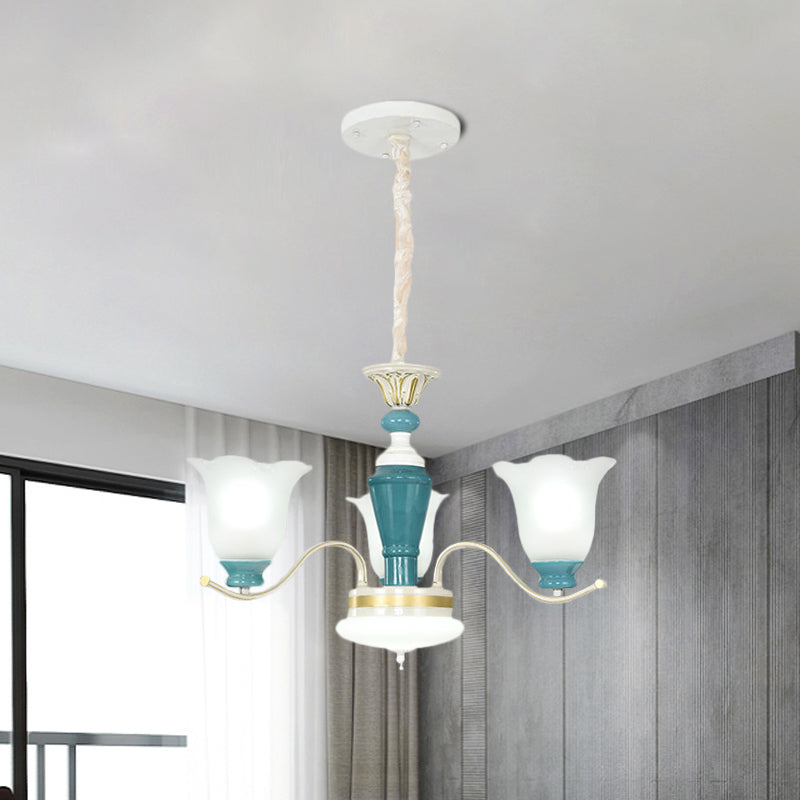 Green Flower Shade Ceiling Hang Fixture Countryside Style Cream Glass 3/6-Light Bedroom Pendant Chandelier Clearhalo 'Ceiling Lights' 'Chandeliers' Lighting' options 1197534